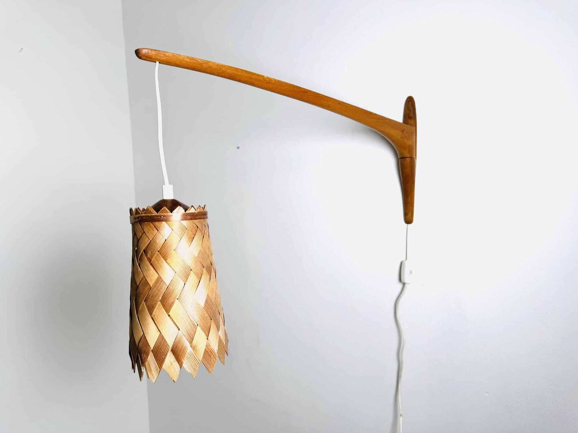 Swivel Arm Teak Wall Lamp With Pine Veneer Shade By Unknown Designer, Sweden 1960S