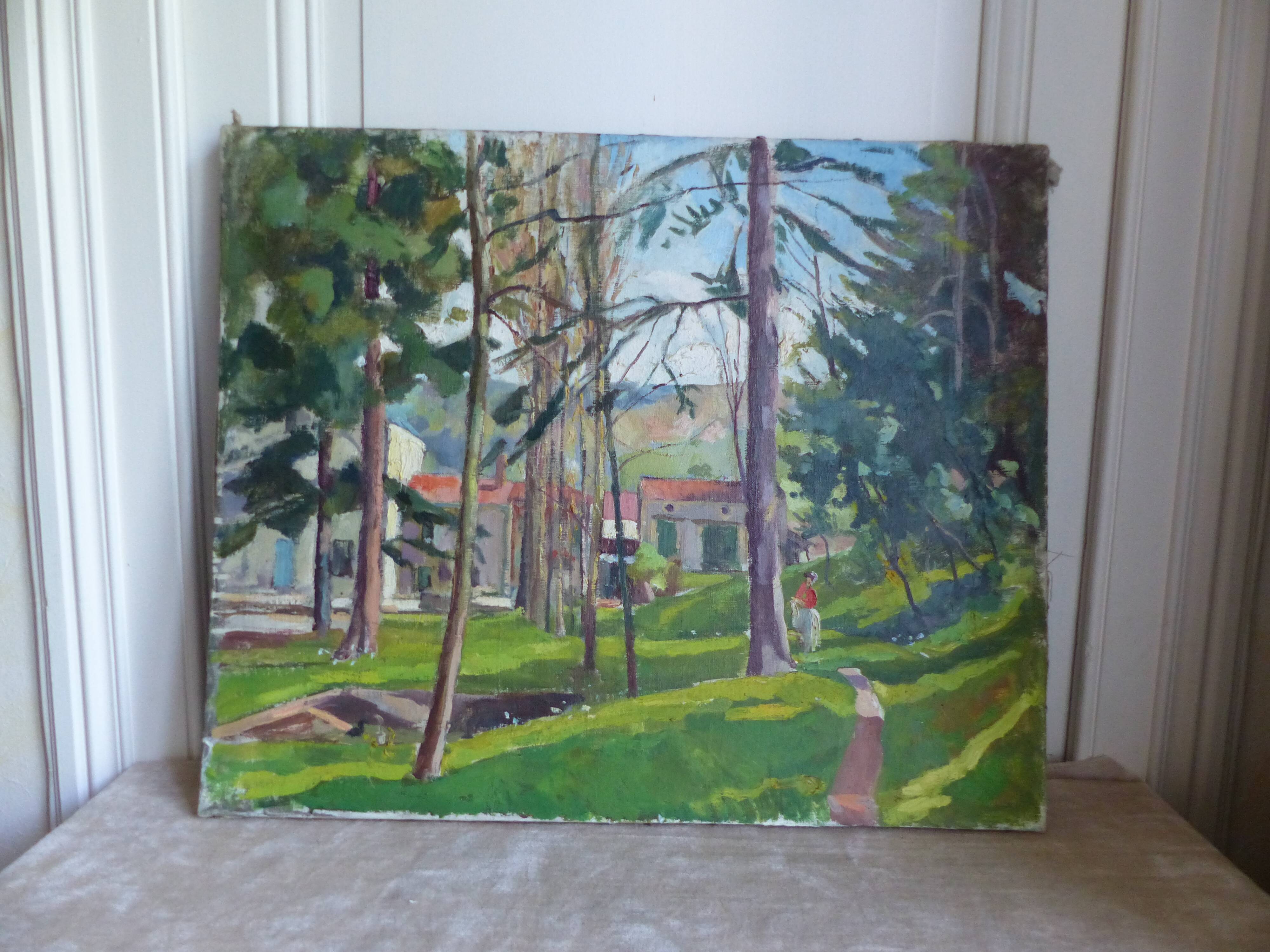 Oil on canvas, houses in the park