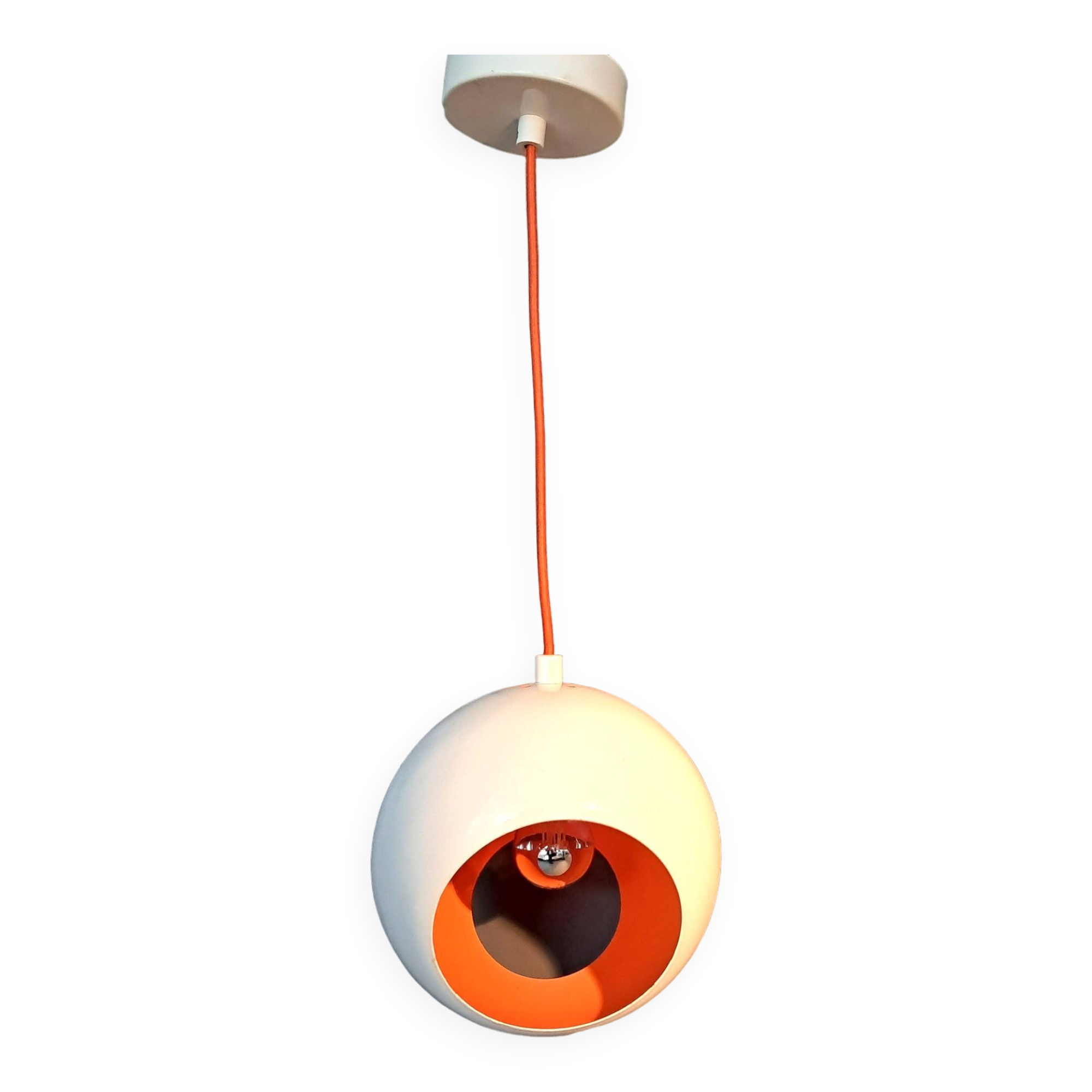 White openwork pendant light with orange interior 1970/1980.