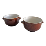 Set of 2 bowls or containers in glazed glazed stoneware with ears Vintage Folk Art