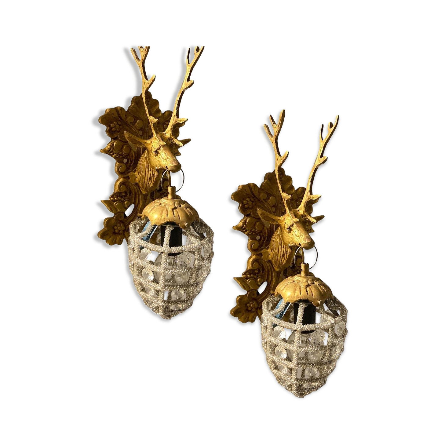 Crystal Beaded Stag Head Sconces, Set of 2