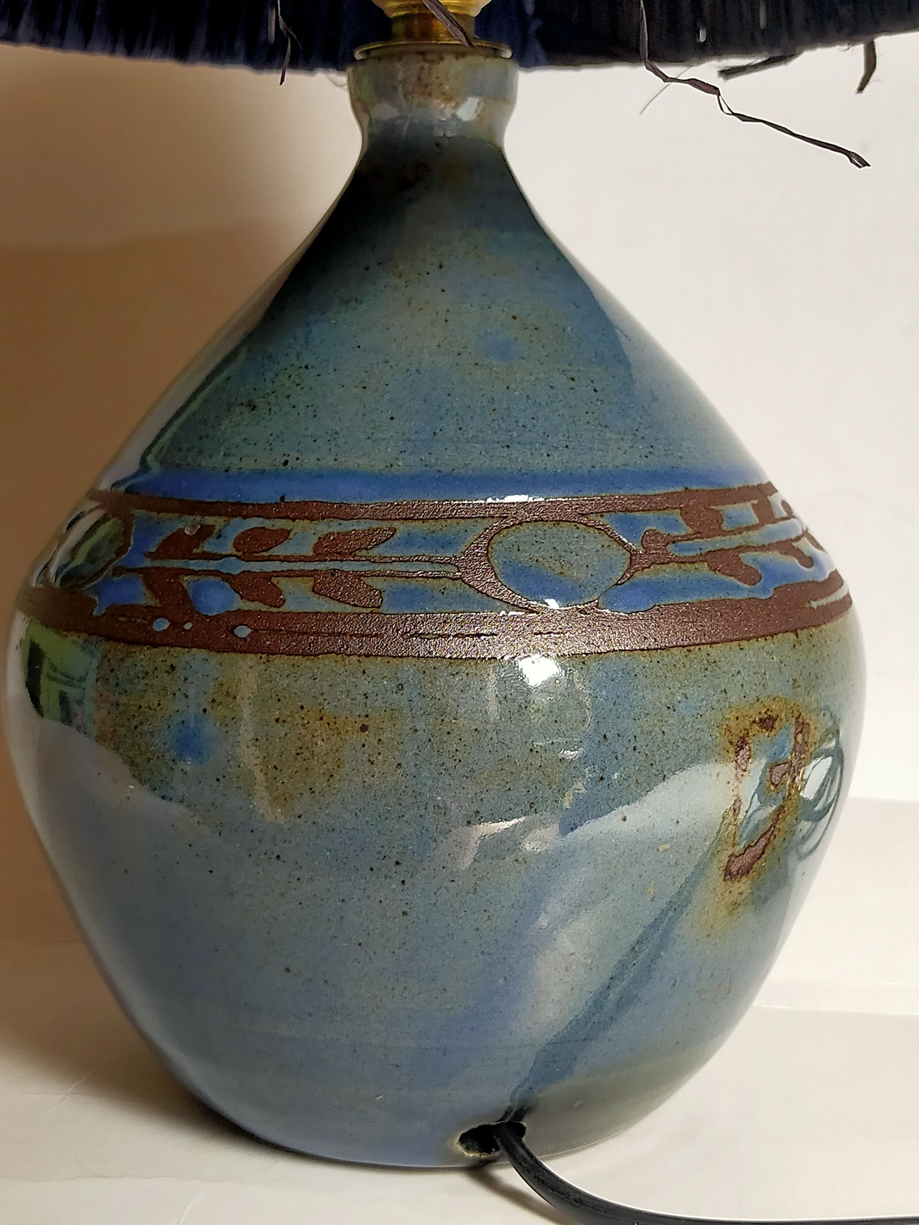 Vintage potter's ceramic table lamp, raffia lampshade