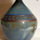 Vintage potter's ceramic table lamp, raffia lampshade