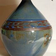 Vintage potter's ceramic table lamp, raffia lampshade