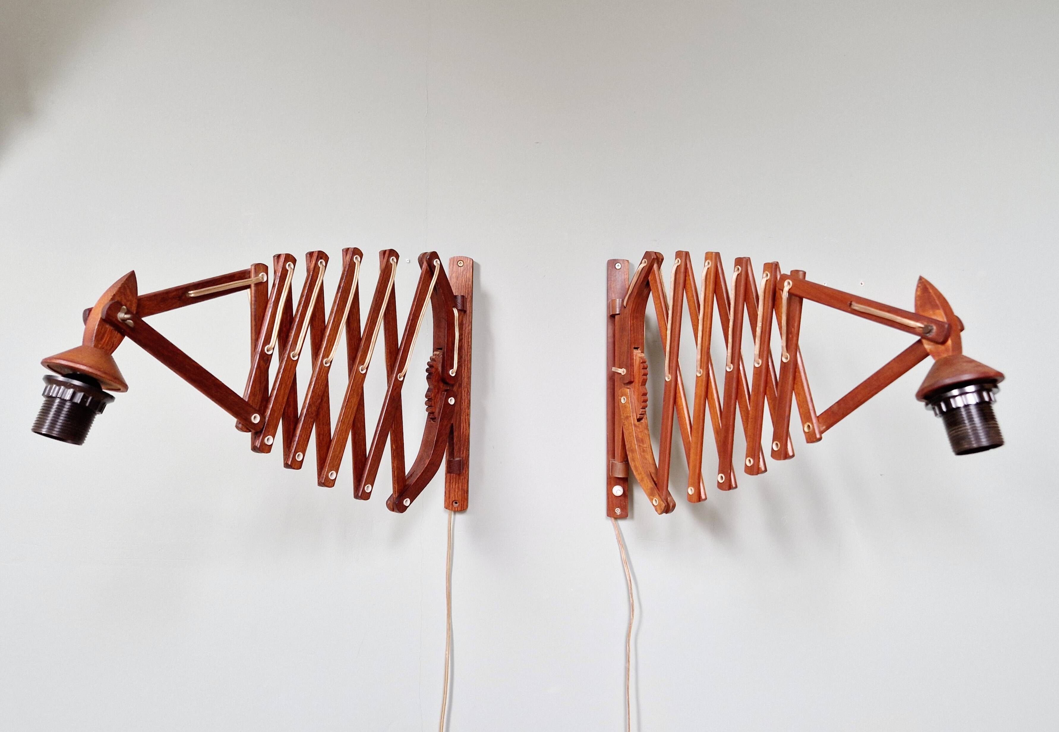 Pair of teak scissor wall lights, Scandinavian style, 1960s