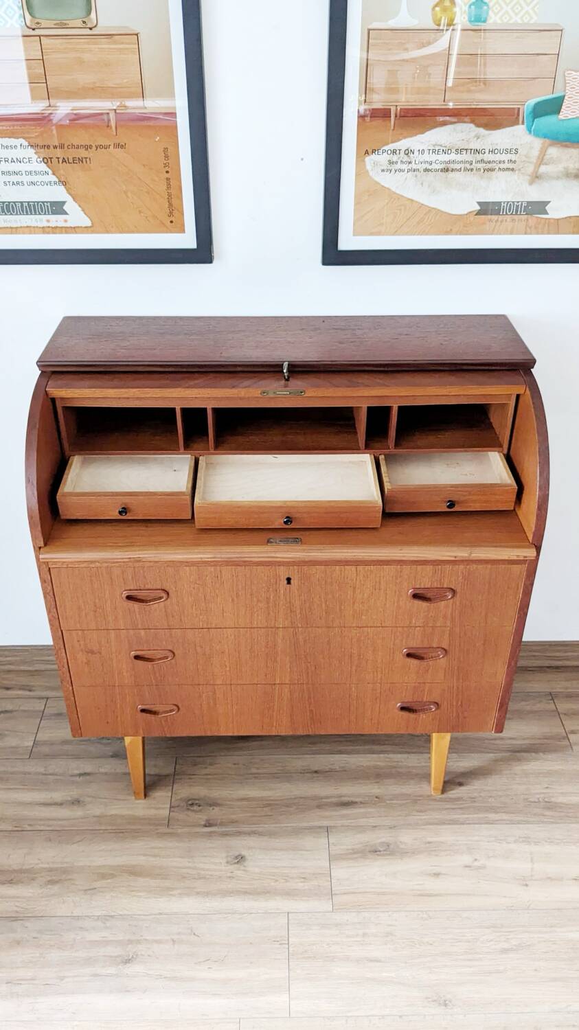 Bureau secrétaire à cylindre teck midcentury