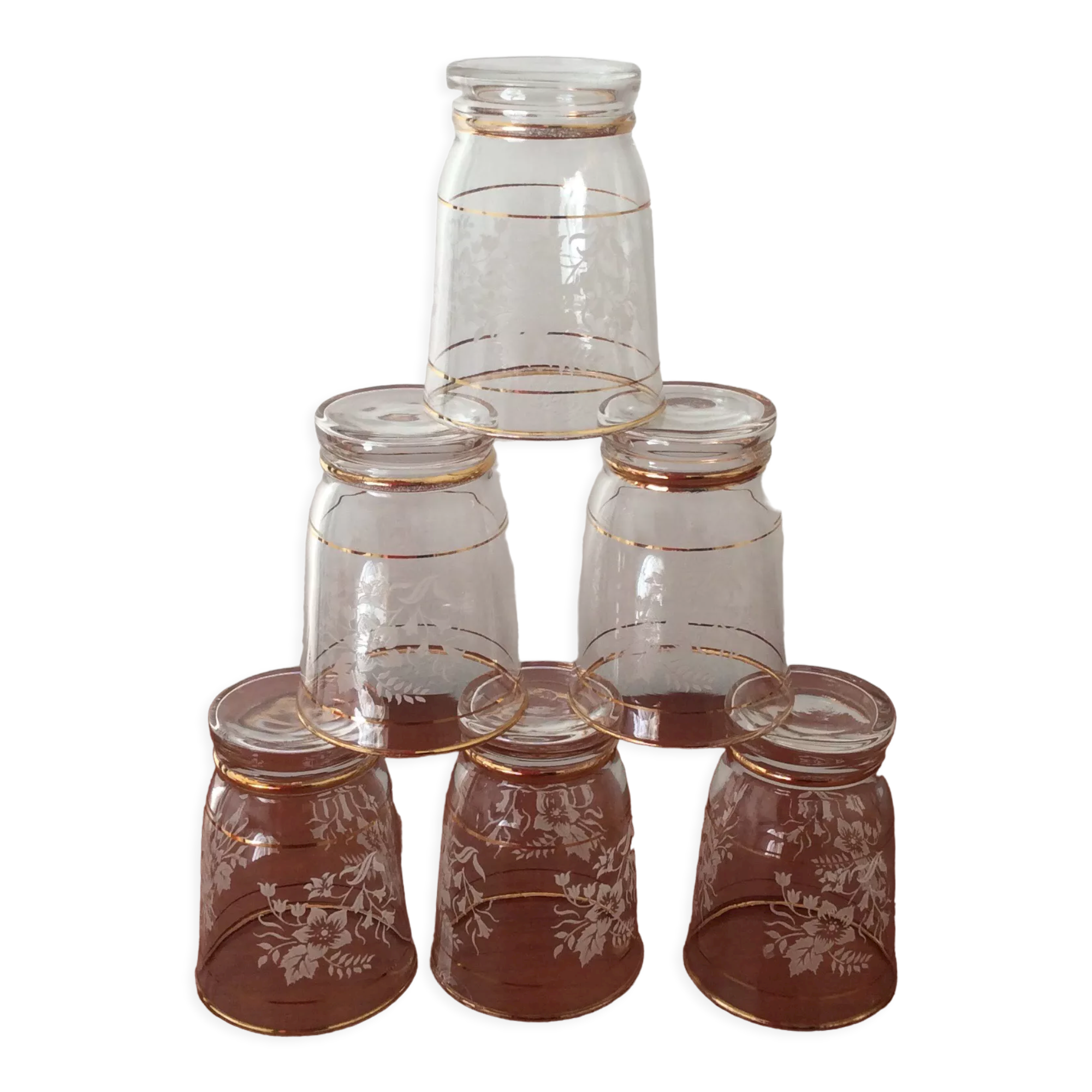 Set of 6 glasses decorations relief white flowers and golden edging - vintage