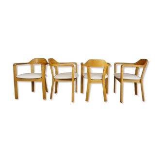 Suite of 4 armchairs in oak and fabric