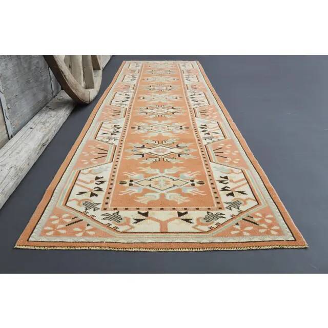 Vintage Turkish Hand-Knotted Wool Cotton Orange Runner Rug 77x276