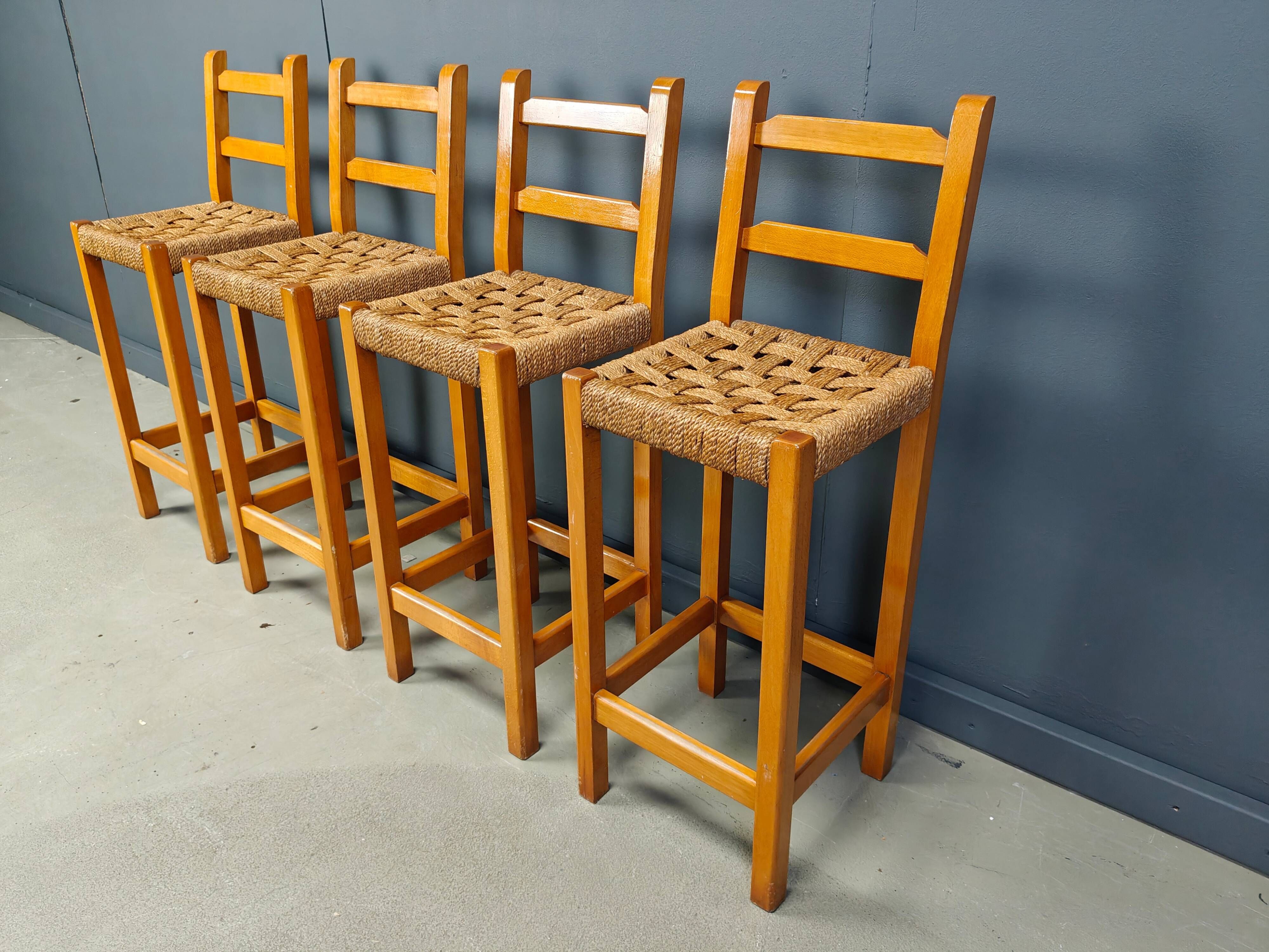 Vintage oak and papercord bar stools, 1960s - vintage bar stools