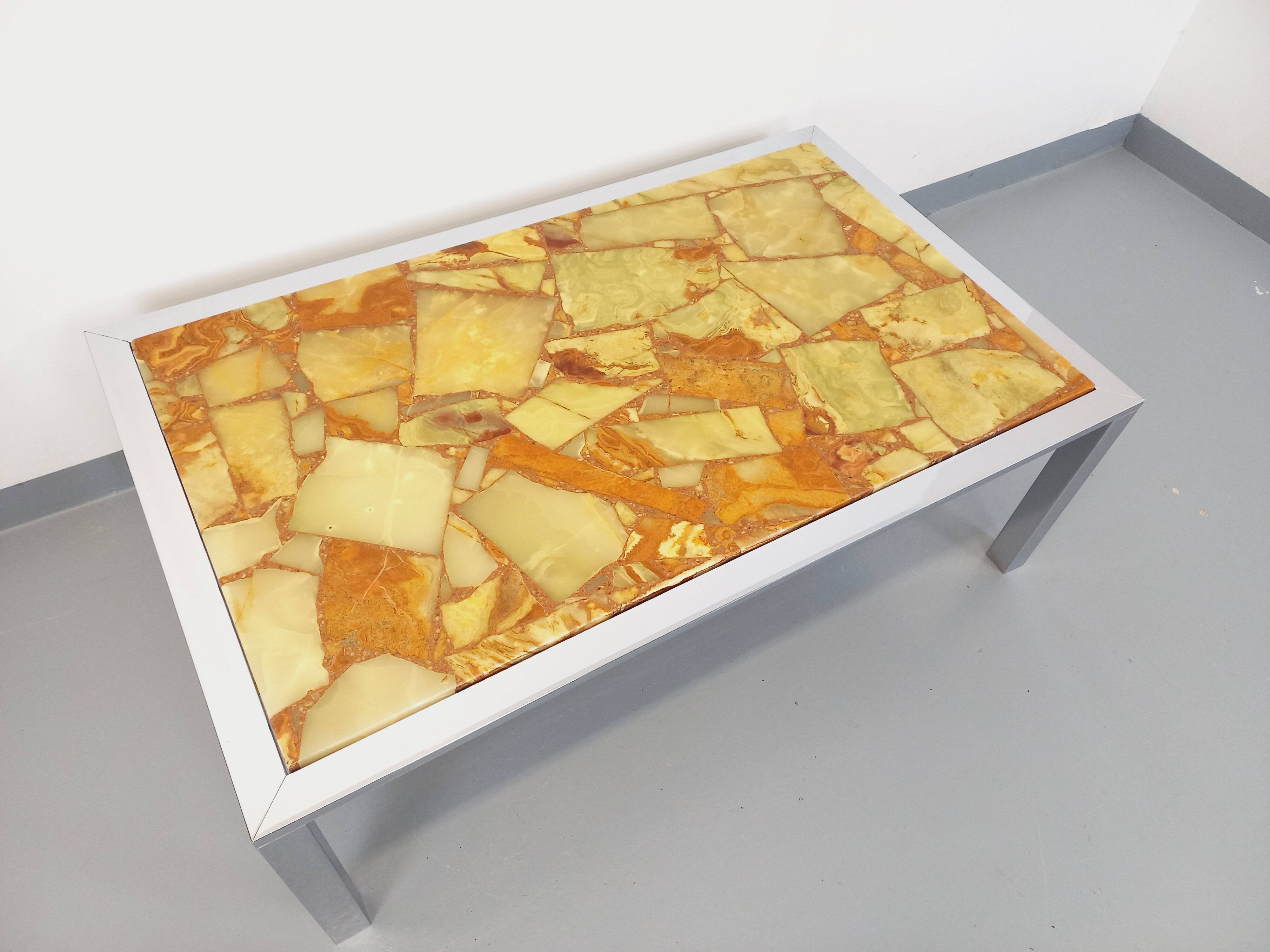 Large vintage coffee table in chrome metal, yellow onyx stone and resin from the 70s