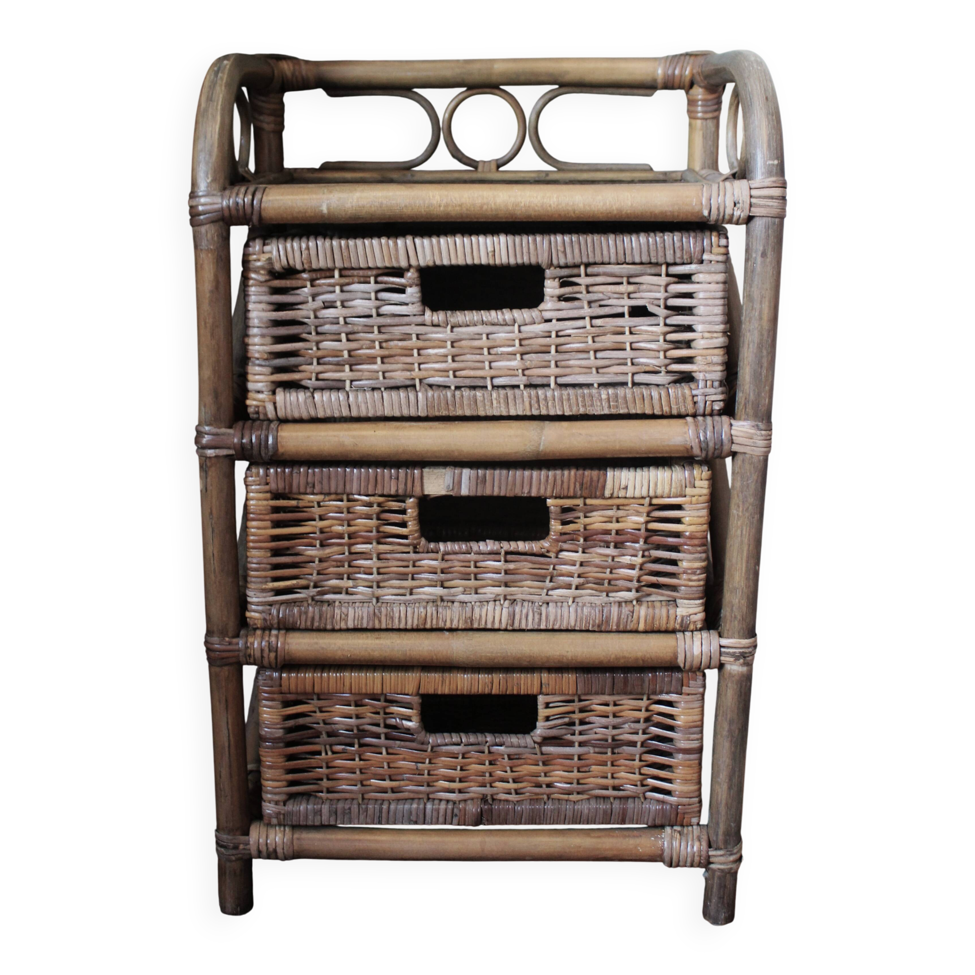 Chiffonnier rotin osier 3 tiroirs meuble rangement vintage