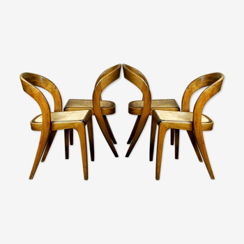 Suite de 4 chaises vintage bois et cannage style scandinave