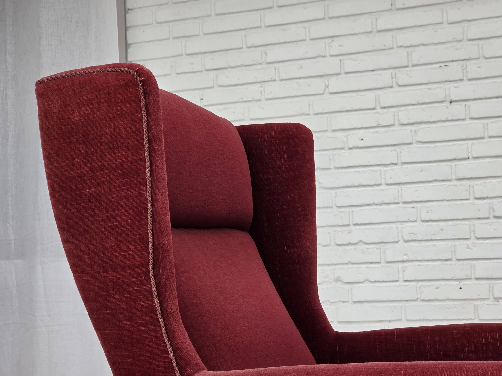 1970s, Danish highback chair, cherry-red furniture velour, ash wood legs.