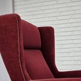 1970s, Danish highback chair, cherry-red furniture velour, ash wood legs.