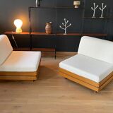 Pair of solid elm low chairs from Maison Regain, 1960
