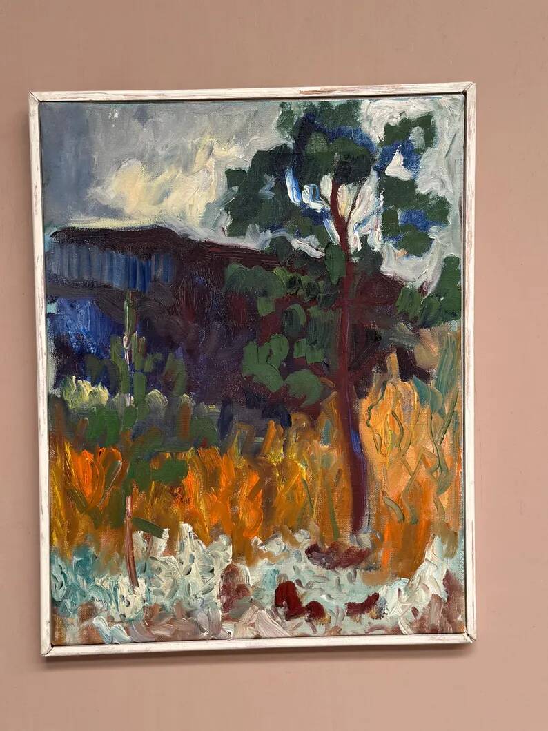 Original Swedish Oil on Canvas – "Tree in a Landscape", Unknown Artist – Vintage and Framed – 33 × 28 cm (12.9" × 11")