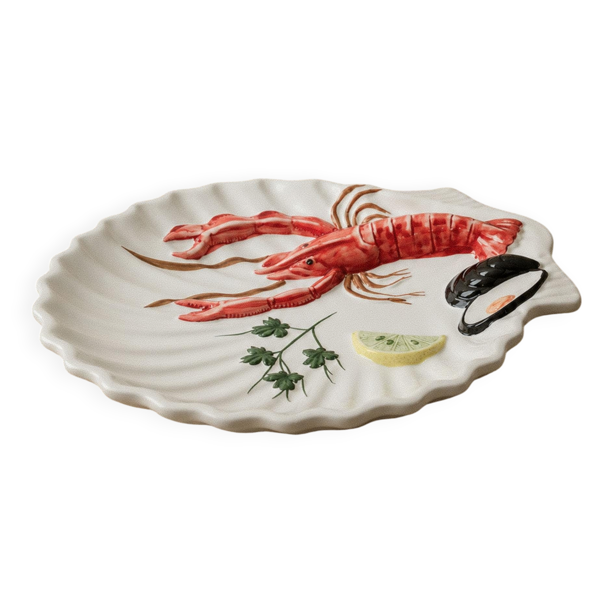 Vintage ceramic serving dish from the 1980s, hand-painted lobster design.