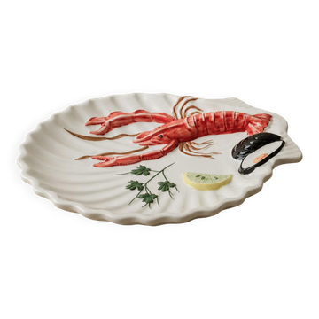 Plat de service vintage en céramique années 1980, motif homard peint à la main