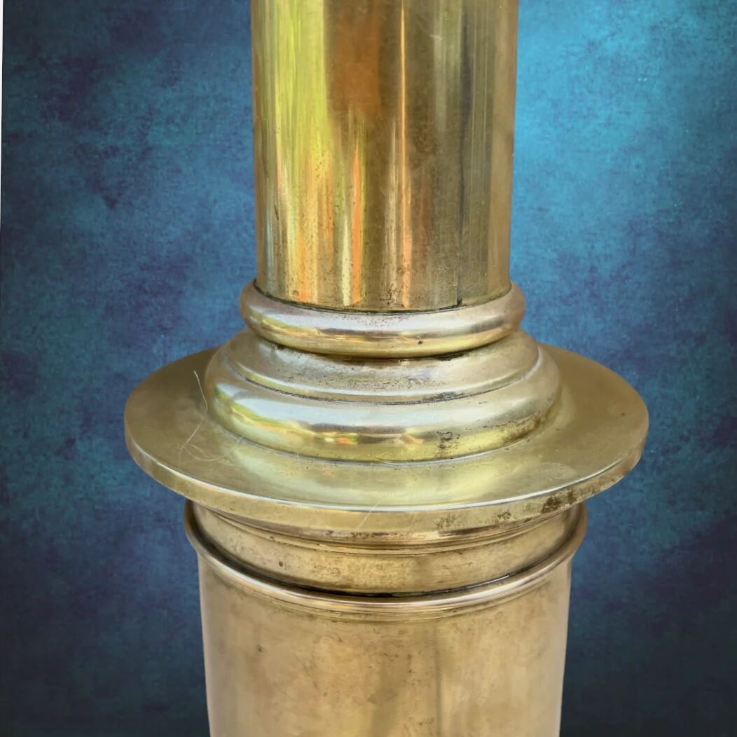 Large vintage brass lamp base in neoclassical column style with a copper socket.