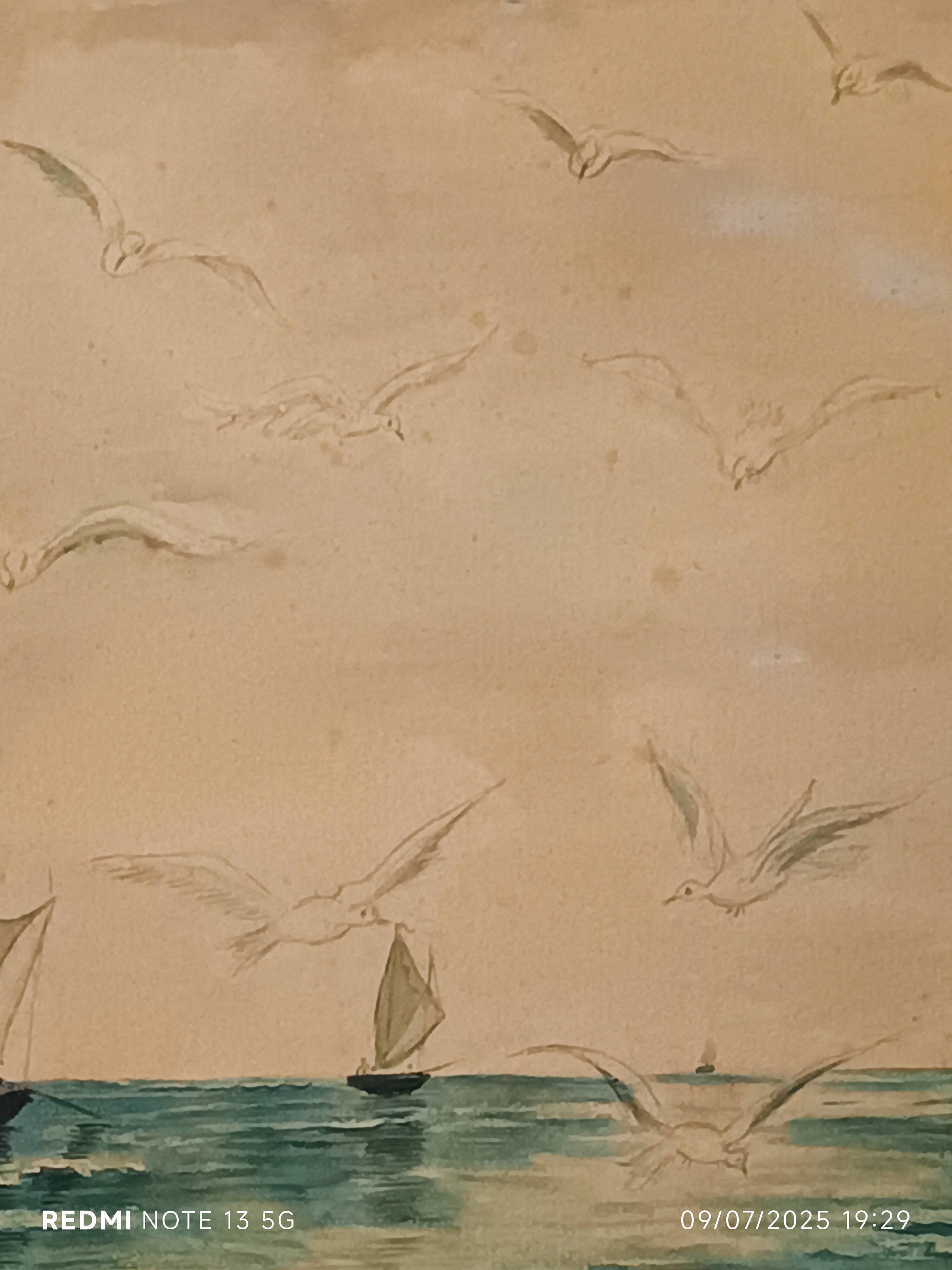 watercolor circa 1900 view of the Arcachon Basin by Raoul Dosque