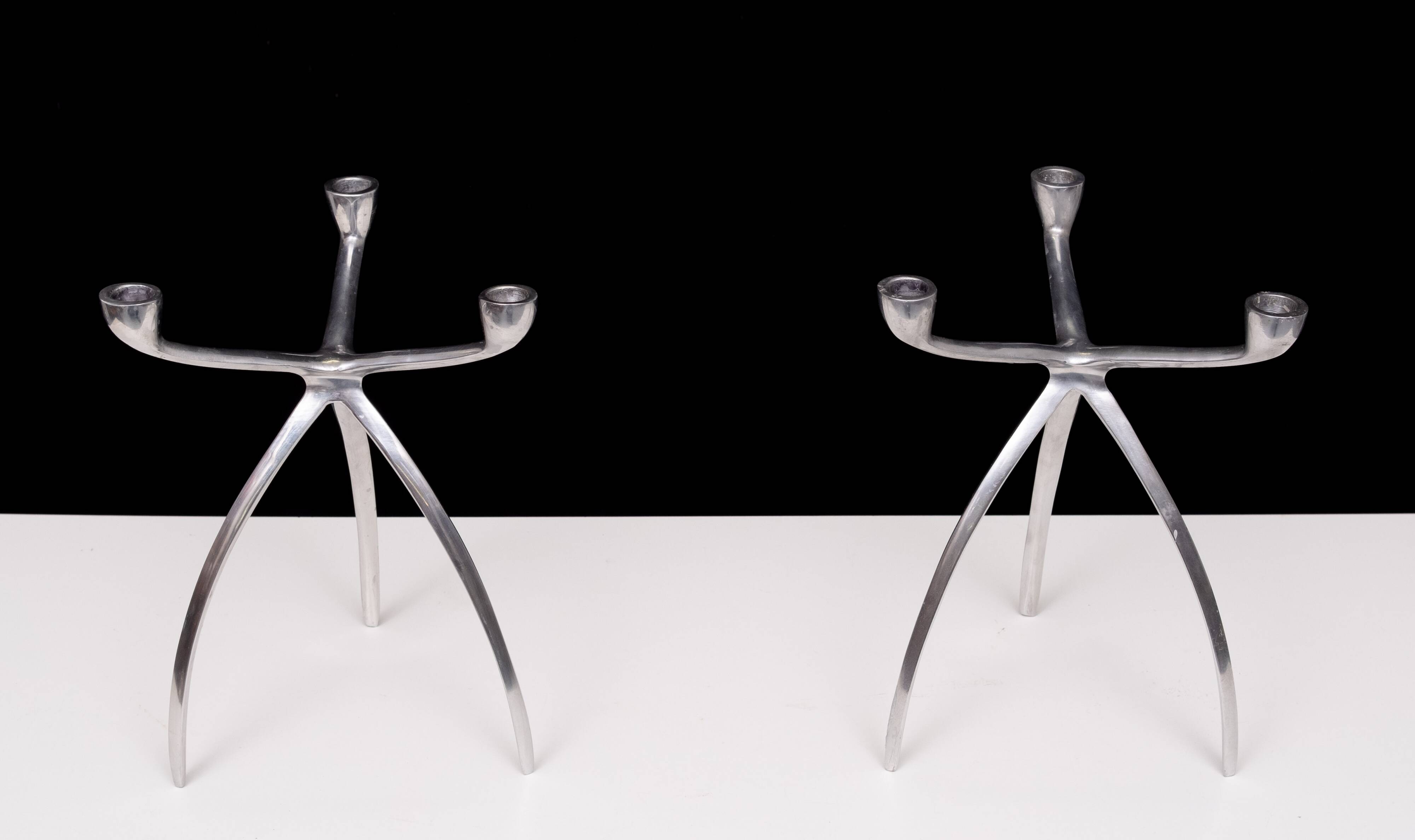 Pair aluminum 3 arms spider candle sticks de bijenkorf 1970s