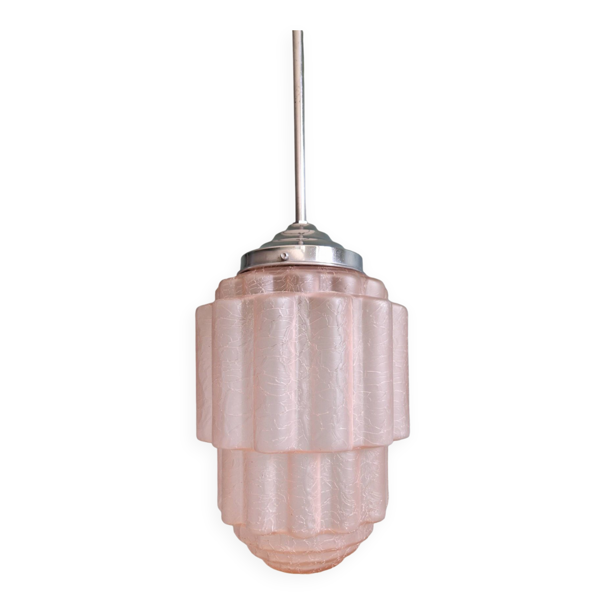 Art Deco Skyscraper pendant light in pink cracked glass