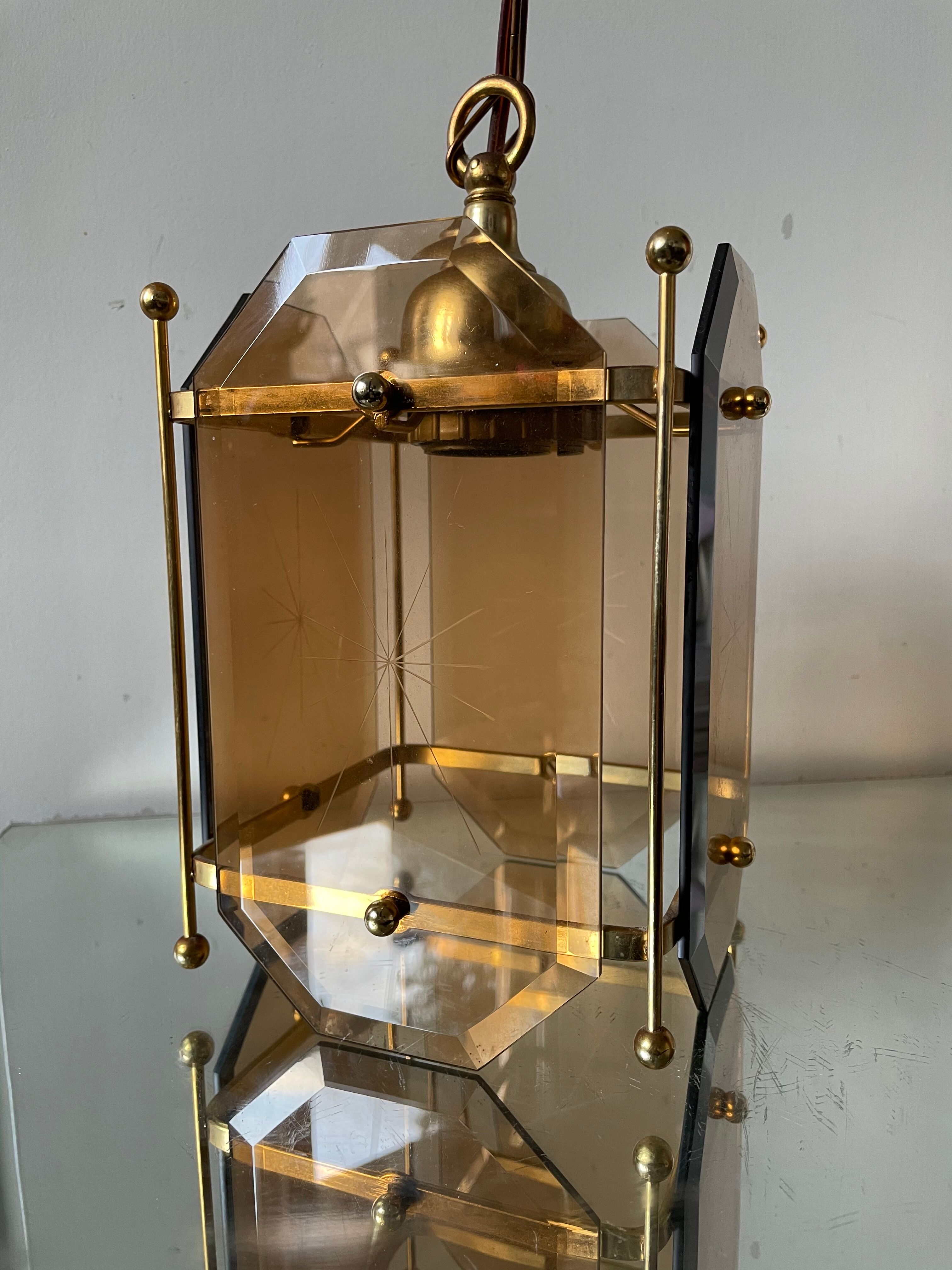 Scandinavian vintage lamp in brass & amber colored glass