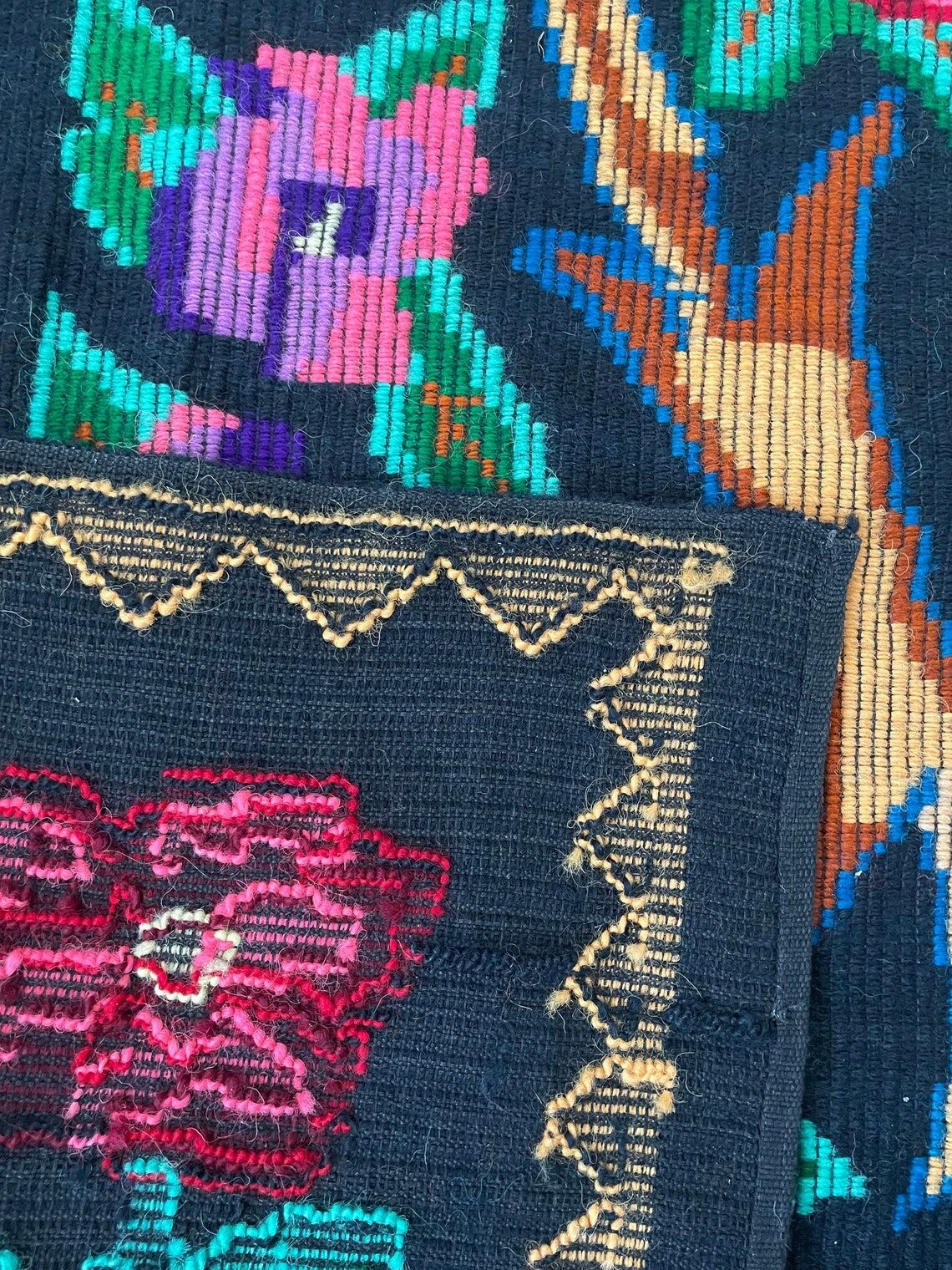 Vintage Romanian wool carpet floral design on black background 235x150cm