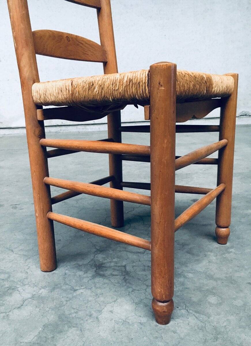 Rustic Oak and Rush High Ladder Back Dining Chairs, Belgium, 1950s, Set of 6