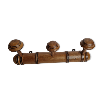 Wooden coat rack turned in imitation of bamboo, 3 hooks, 1900s, 38 cm