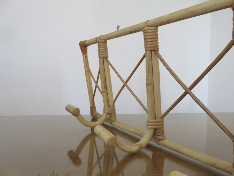 Bamboo rattan coat rack, 3 hooks 70s