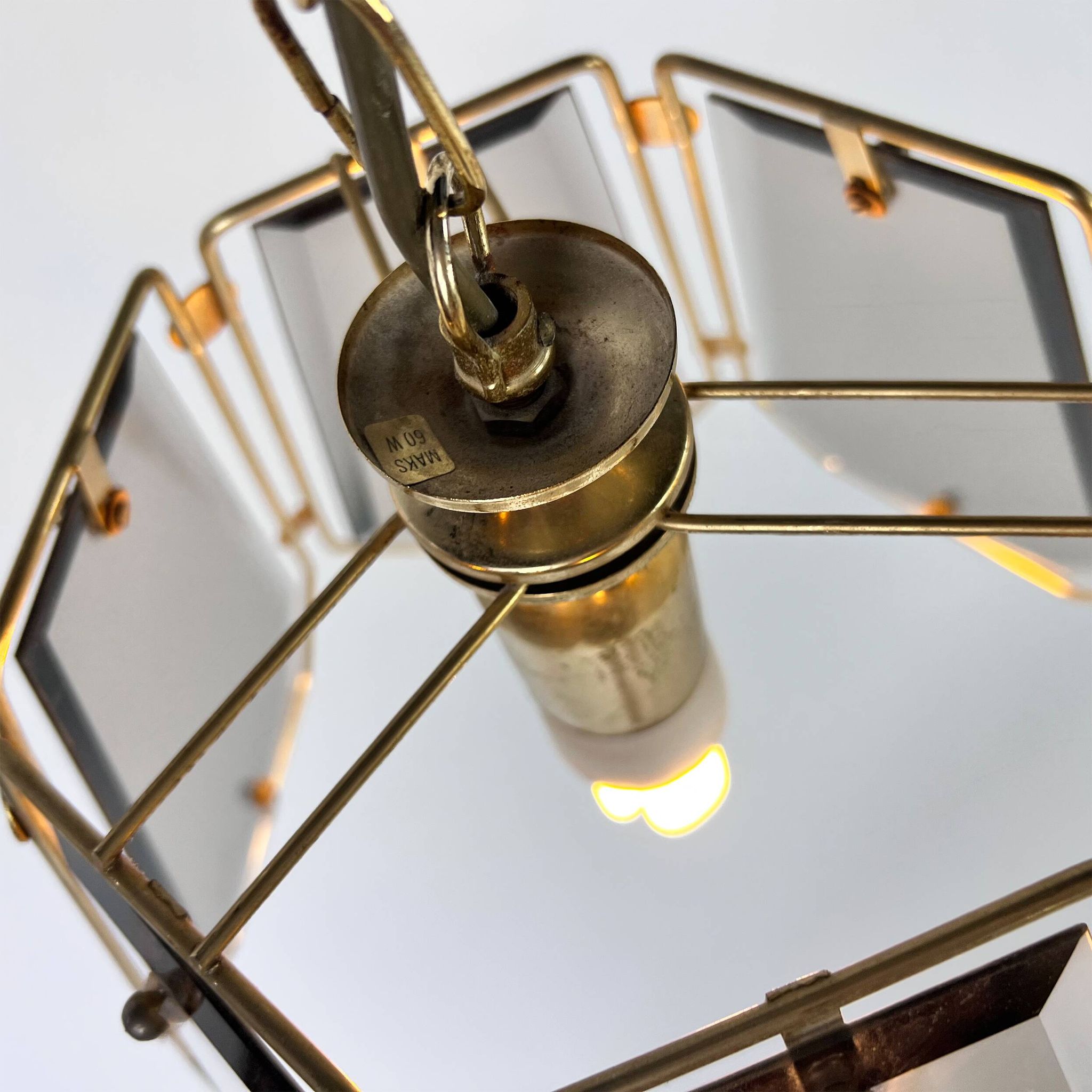 French Brass and Smoked Glass Hal Pendant, 1970s