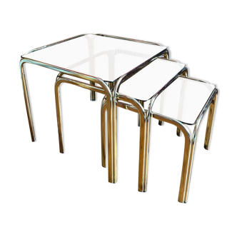 Set of 3 square nesting tables 1970 brown smoked glass