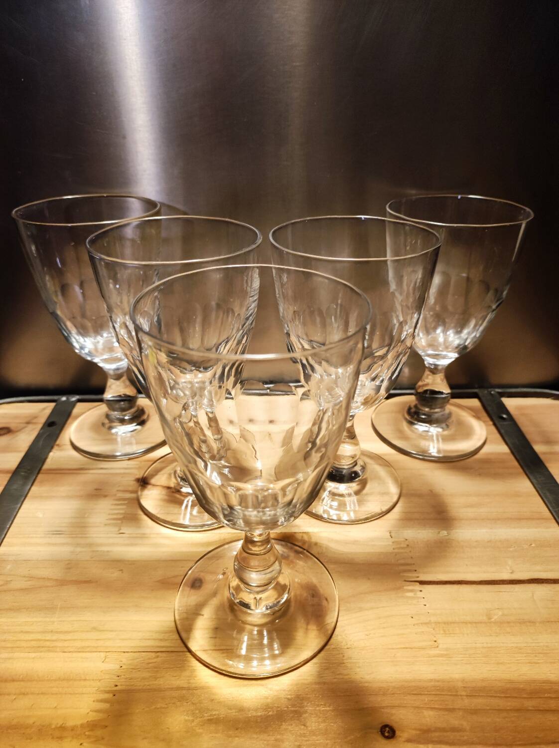 5 antique wine glasses with cut sides