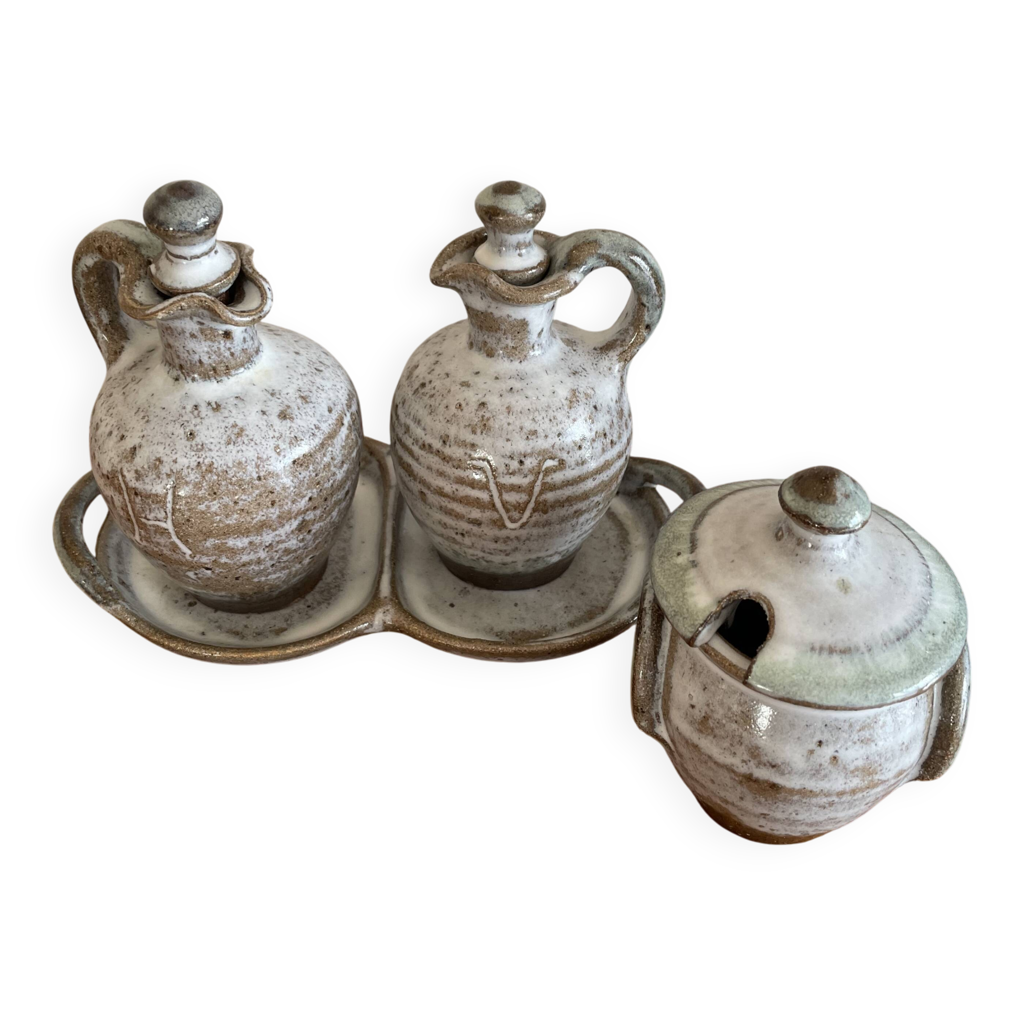 Salt, pepper, and mustard set in stoneware