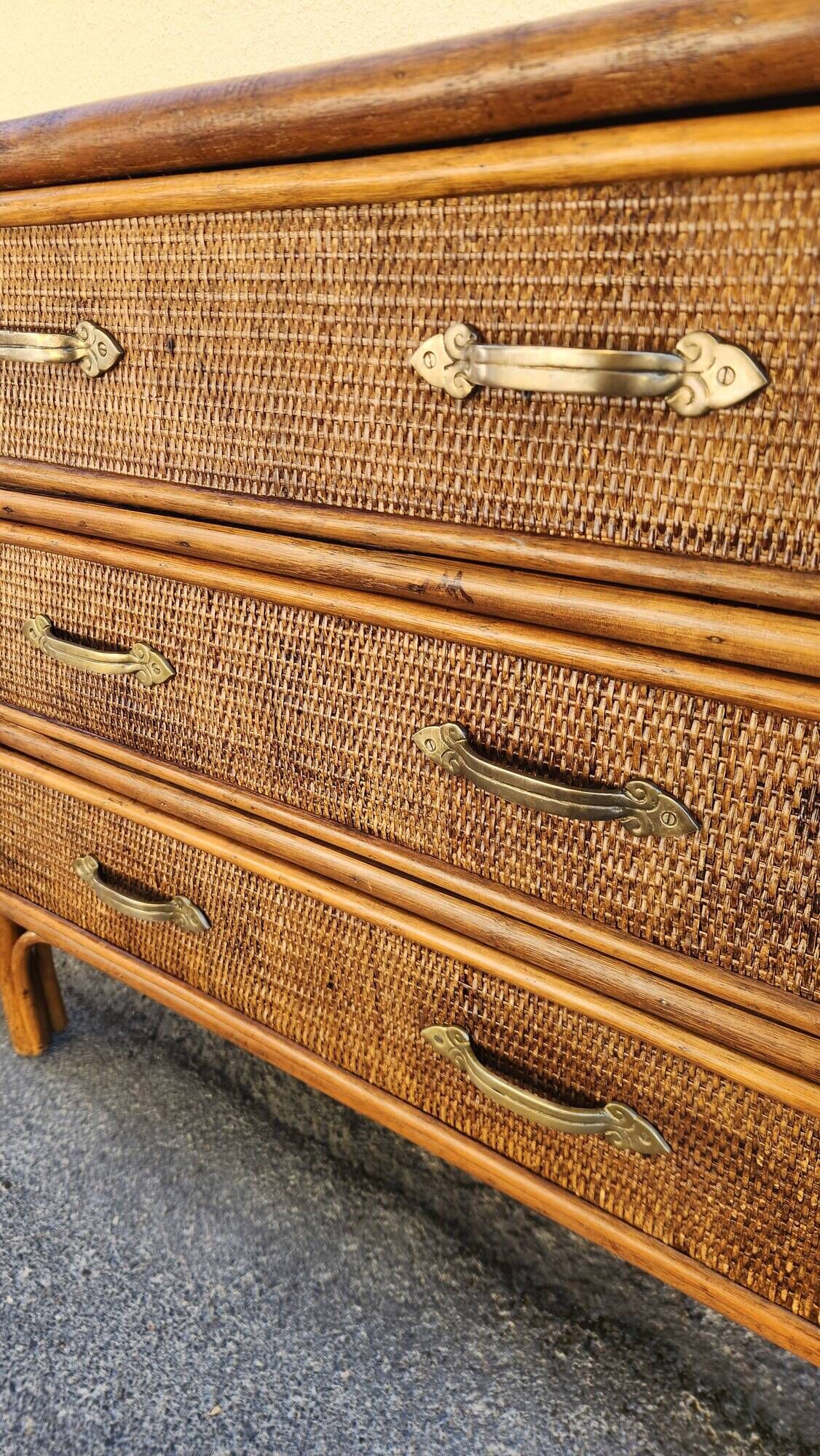 Commode vintage en rotin et osier tressé – 3 tiroirs / Style Boho & Chabby