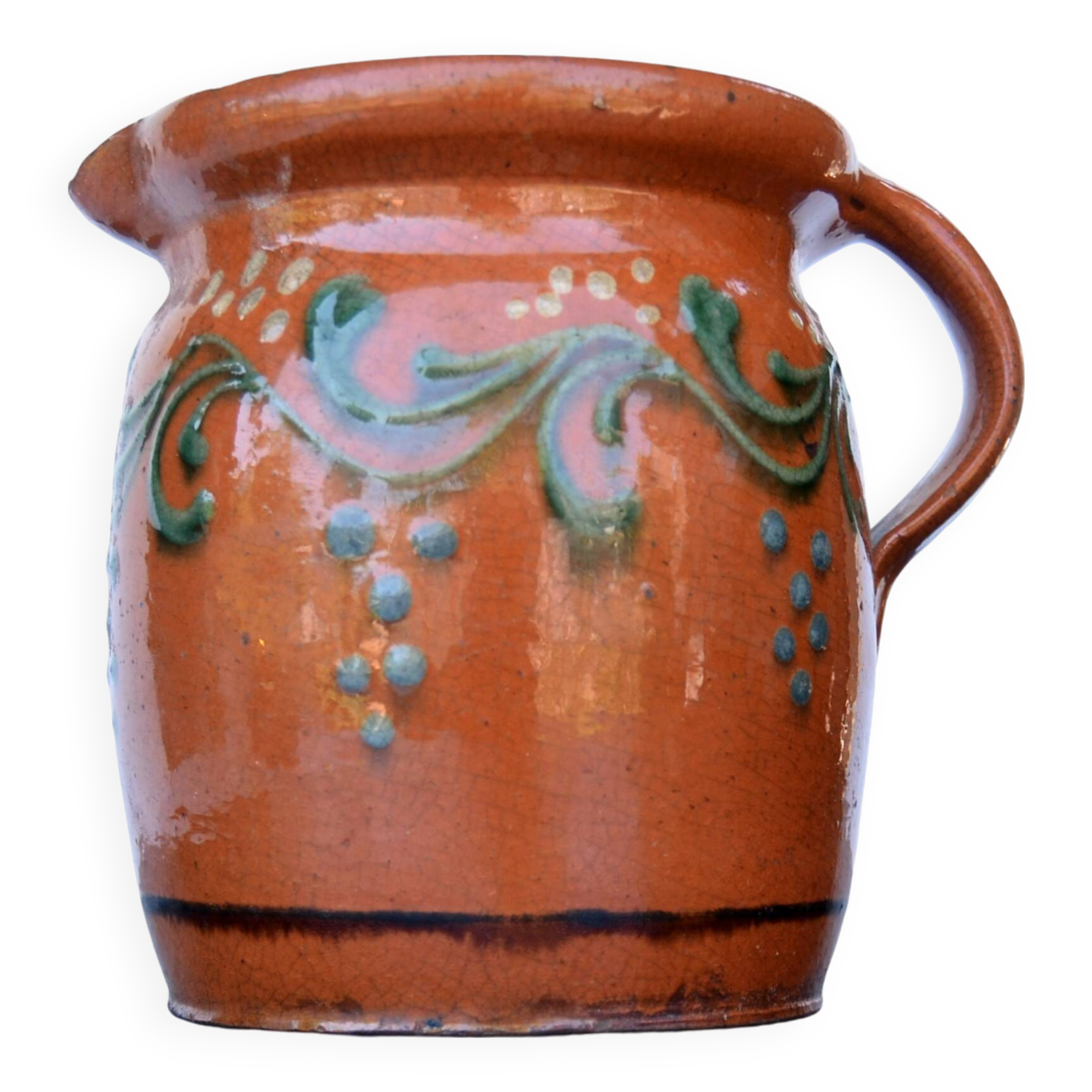 19 th Century French Glazed Terracotta Pitcher Alsace