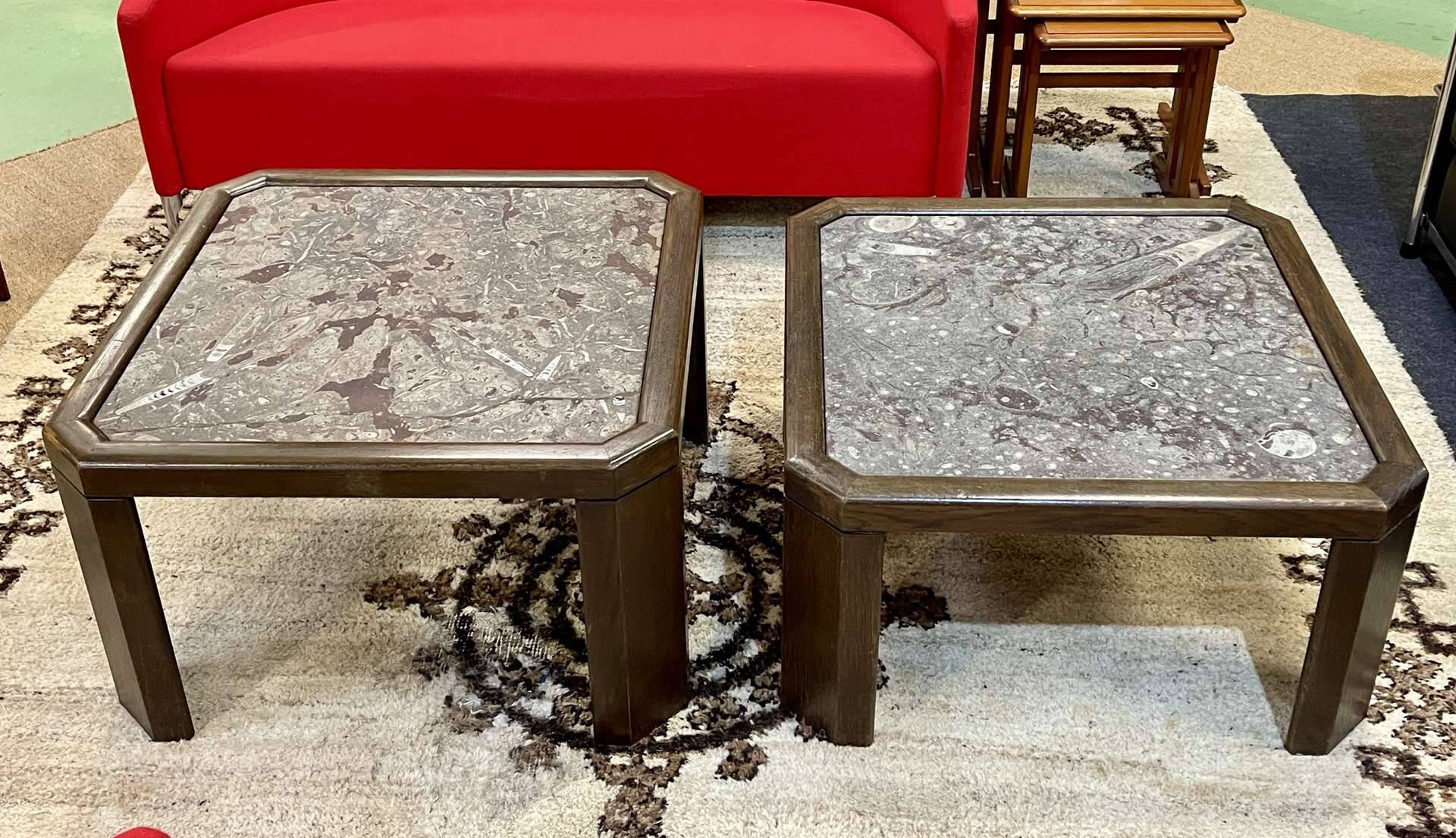Pair of low tables in oak and fossil stone - work from the 1970s