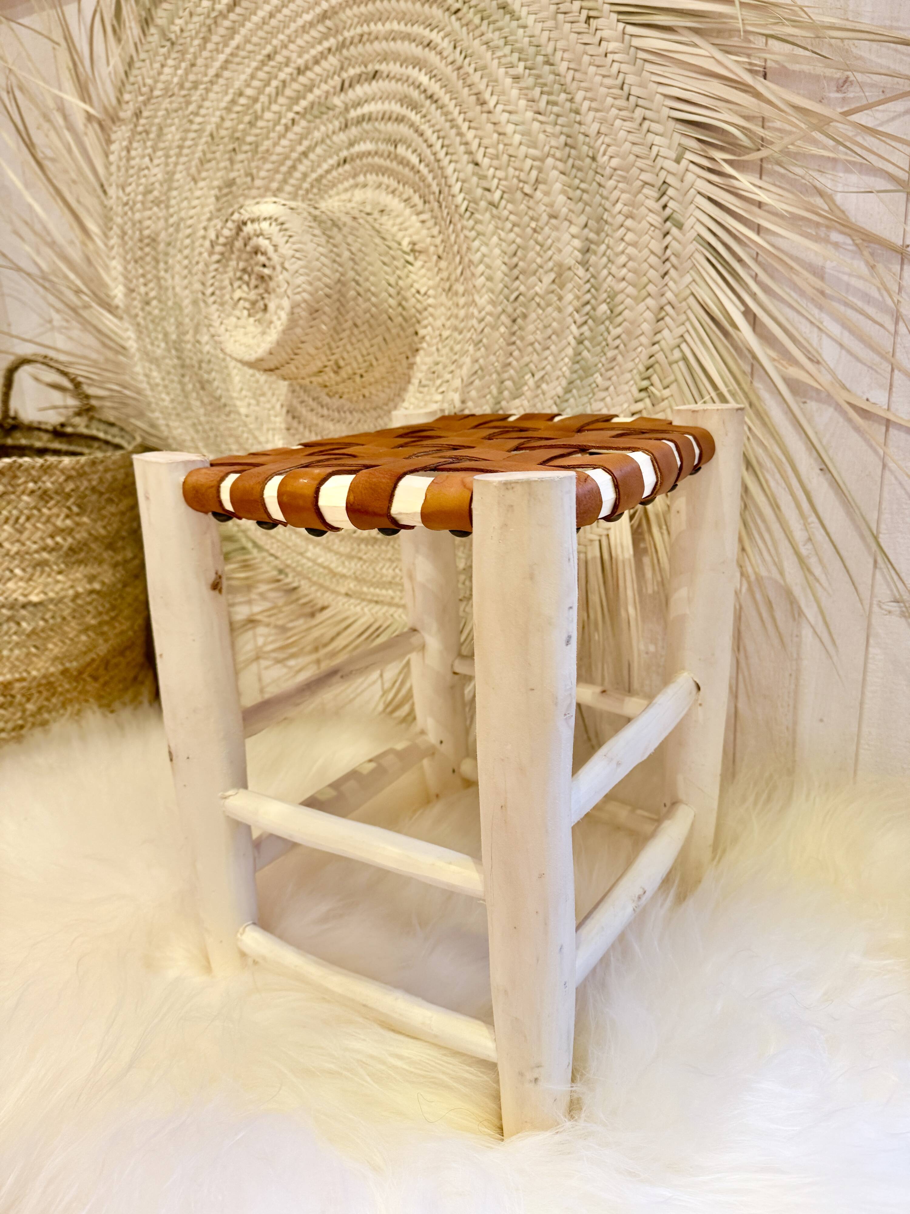 Moroccan stool woven wood leather
