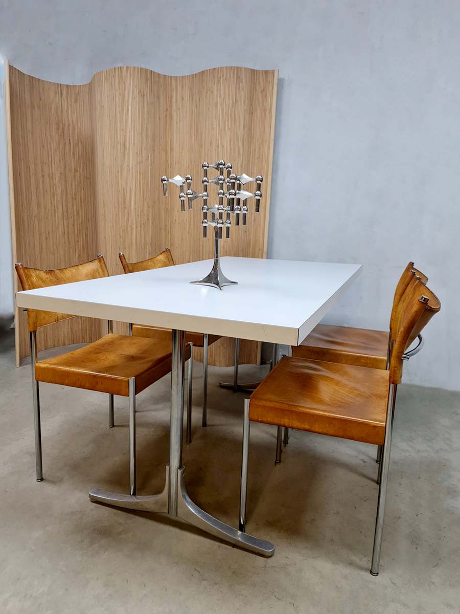Vintage Dutch design chrome dining set leather chairs 'Minimalism'