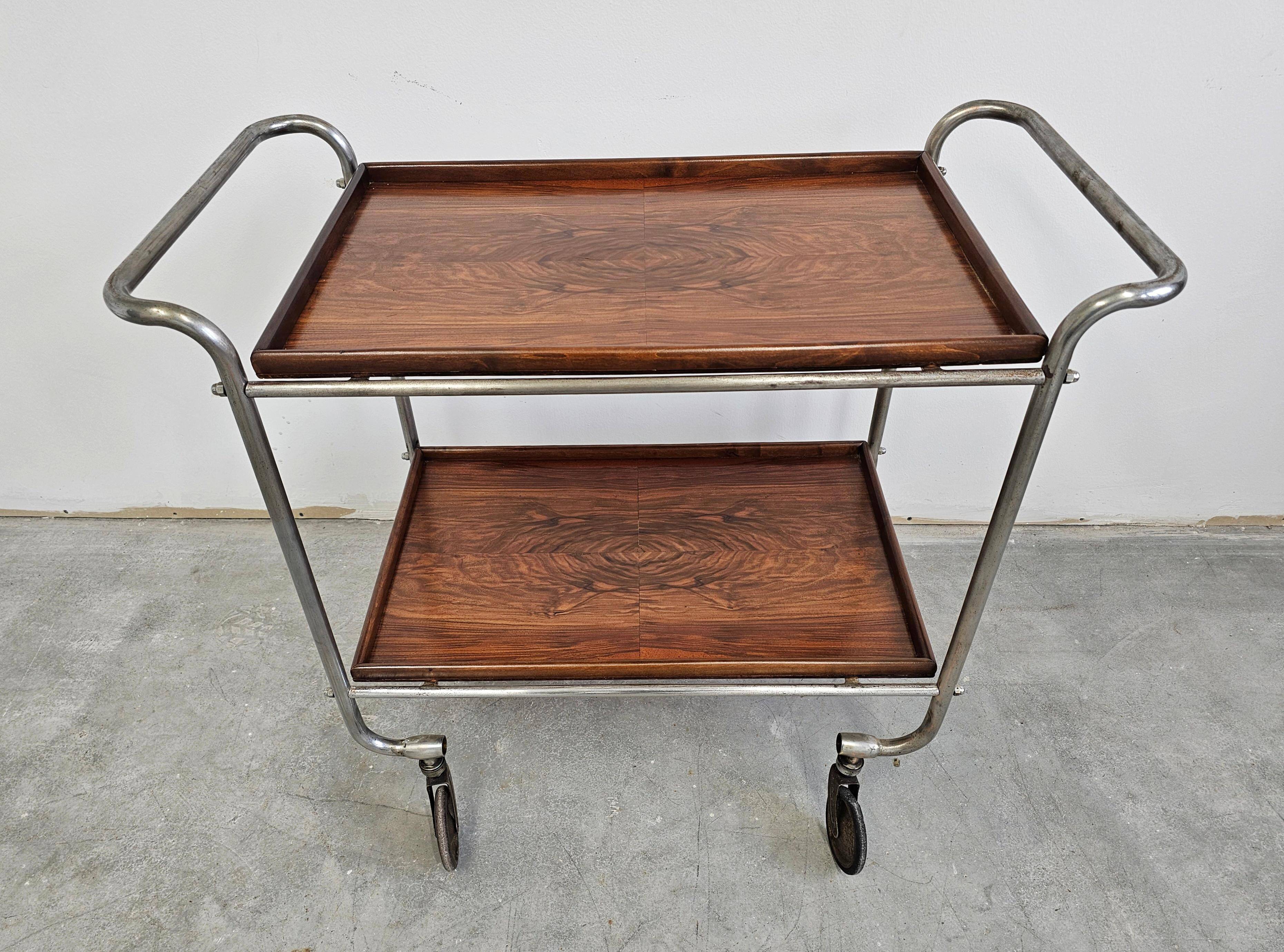 Bauhaus bar cart in walnut root veneer and steel