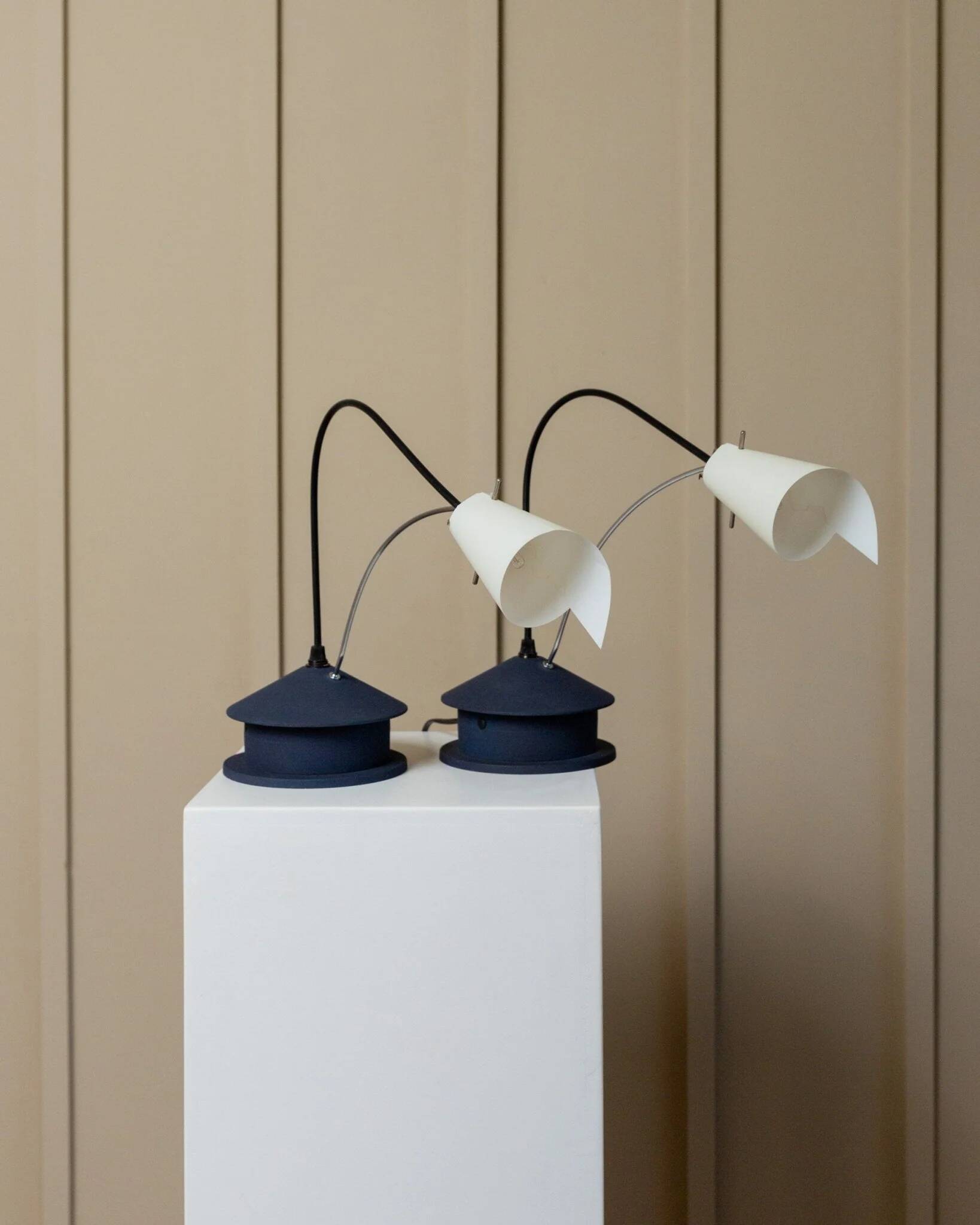 Vintage blue metal table lamp with adjustable chrome neck and white plastic origami shade, 1980s Italy