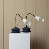 Vintage blue metal table lamp with adjustable chrome neck and white plastic origami shade, 1980s Italy