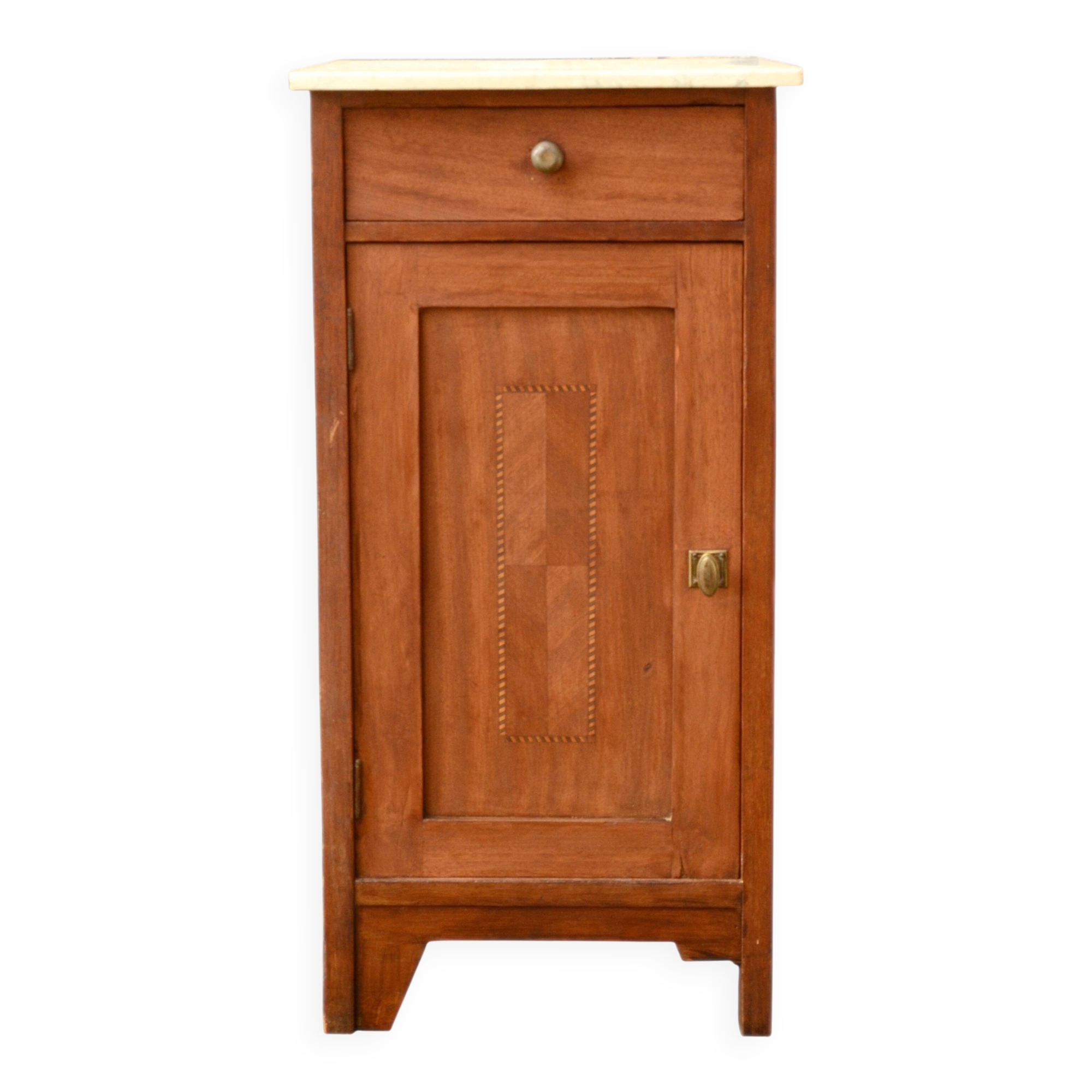 Solid wood confiturier, marquetry door, and marble top, 40x42x80cm.