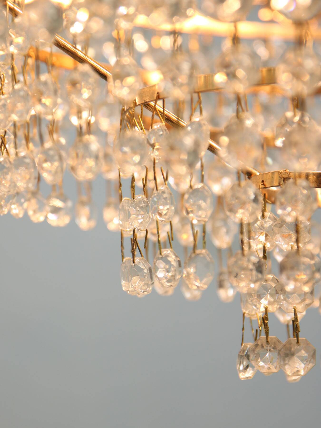 Vintage Italian Crystal and Golden Metal Chandelier, 80s