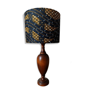 Vintage turned wood table lamp, black & gold lampshade