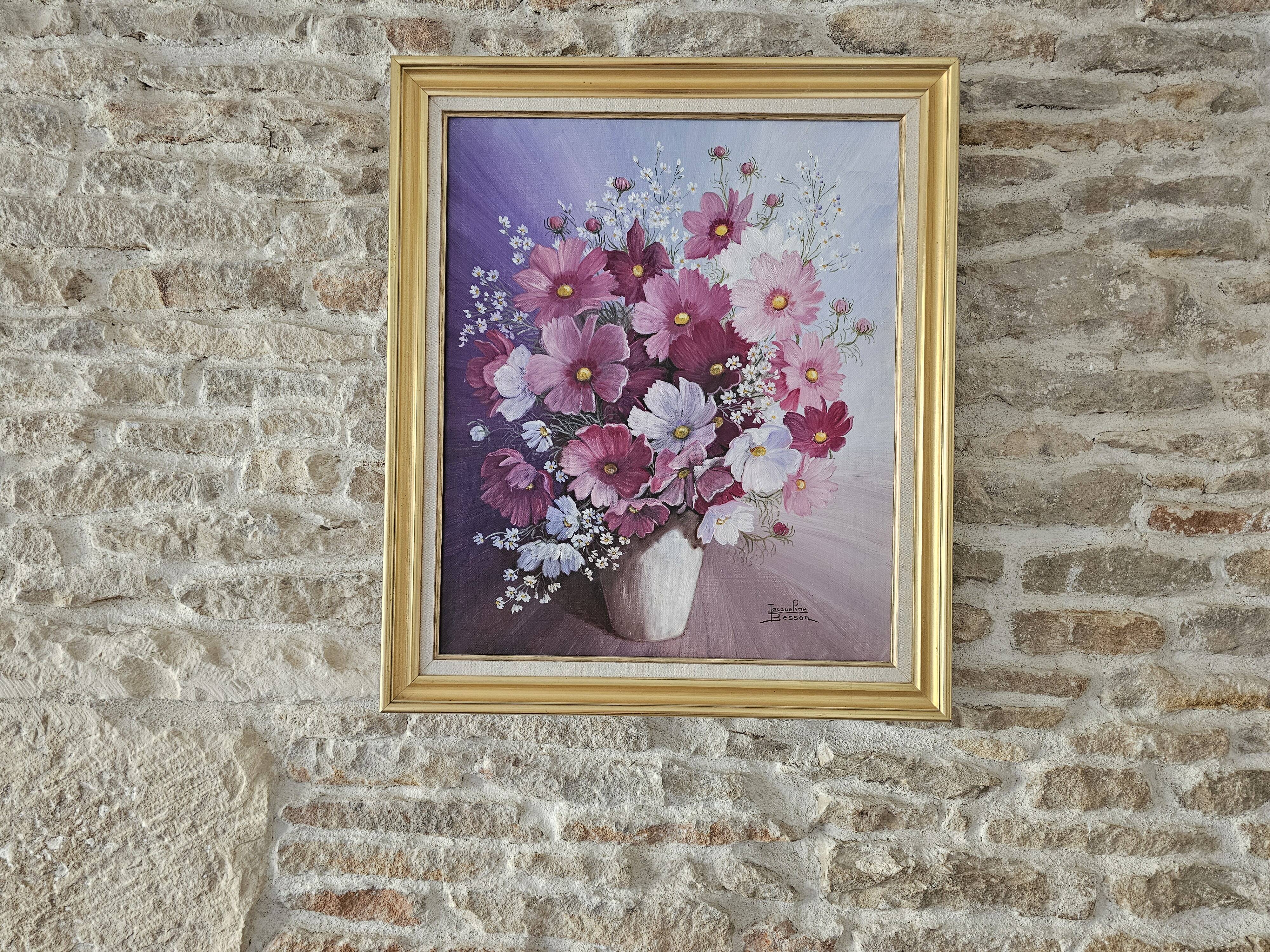 Oil on Canvas Still Life Flowers Cosmos Signed Jacqueline Besson