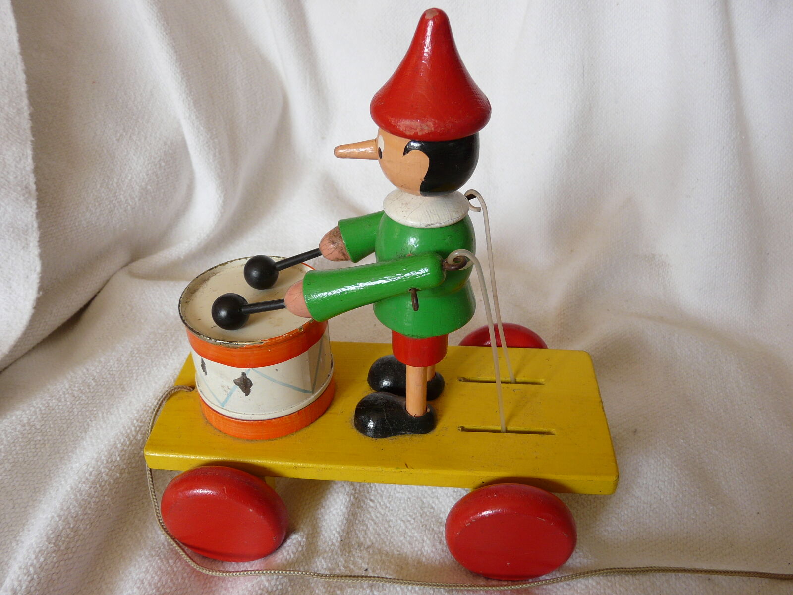 Pinocchio drum, wooden pull toy