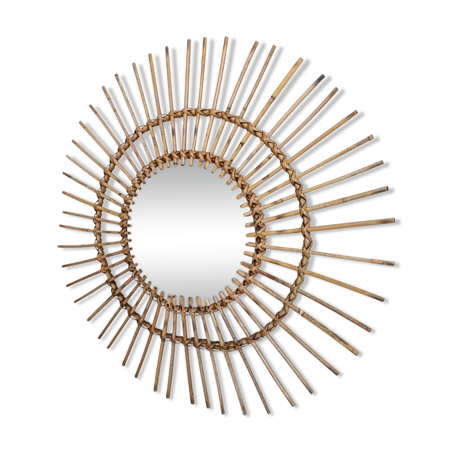 Mid Century Organic Modern Bamboo & Rattan Sunburst Patinated Mirror, 1960s